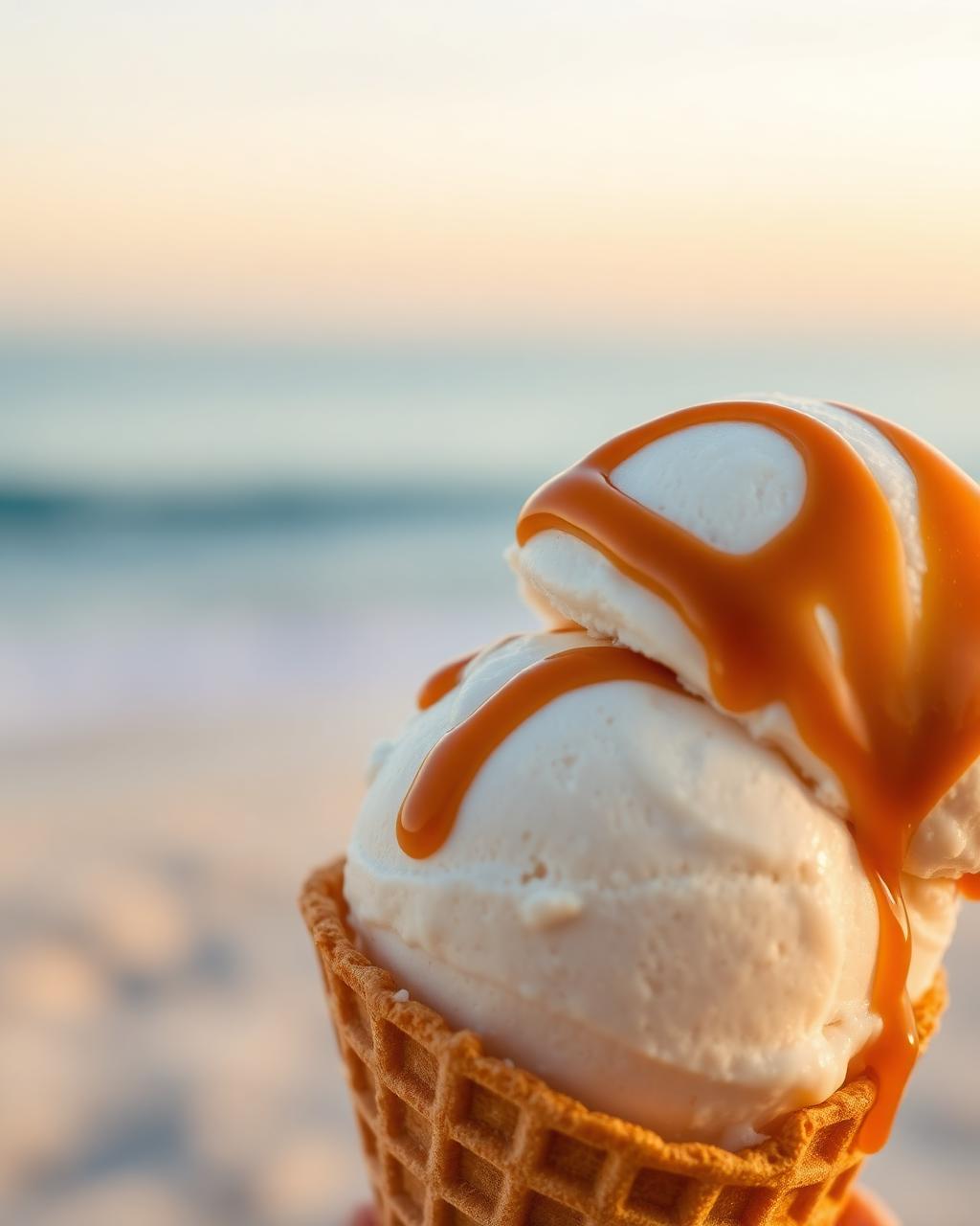 Two scoops of sea-salt caramel ice cream with golden drizzle, beach blurred behind