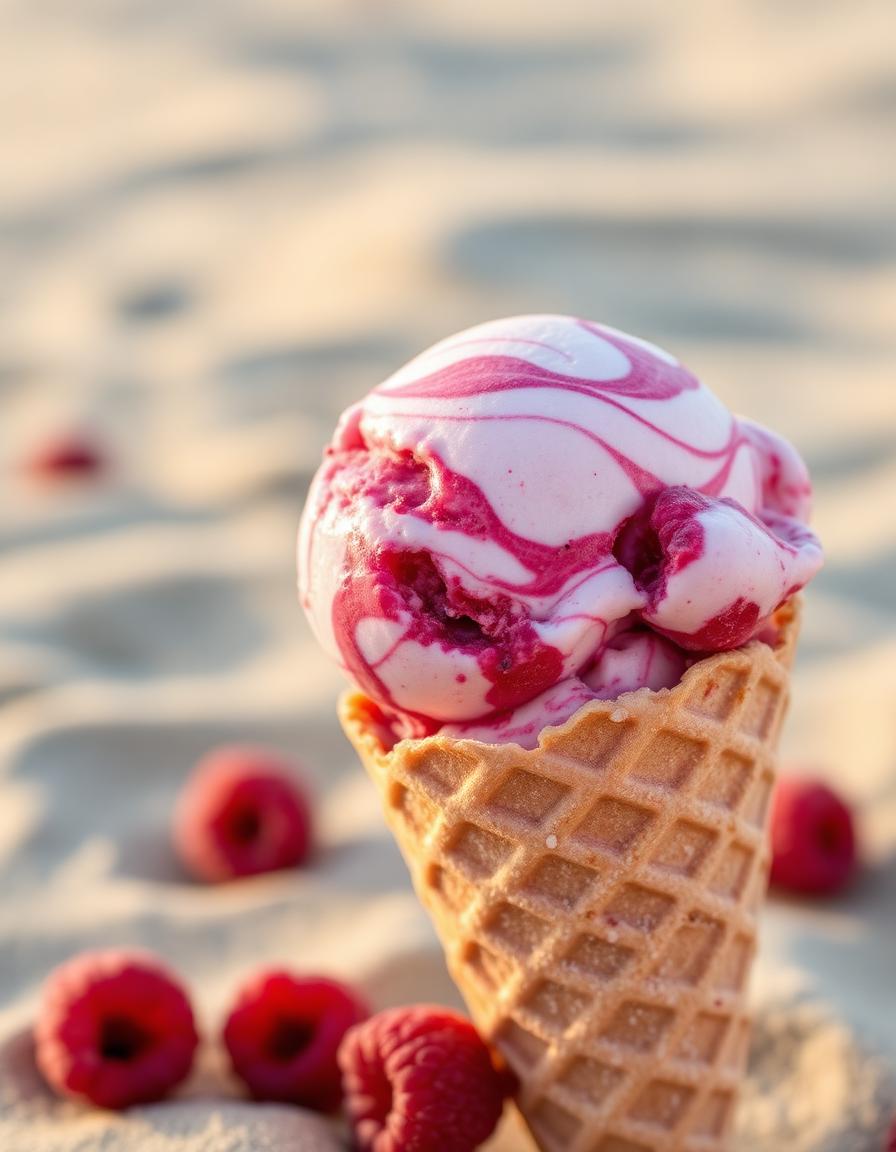 A scoop of raspberry ripple ice cream swirled with pink fruit on a waffle cone with fresh raspberries on sand