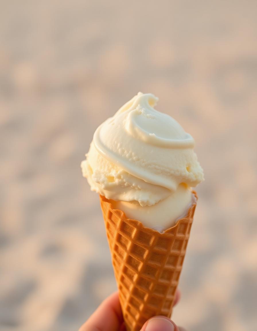 A scoop of Madagascan vanilla ice cream on a golden waffle cone, held against soft sand